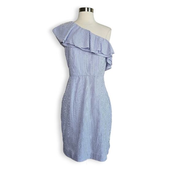 J. Crew One Shoulder Ruffle Seersucker Dress in blue size 10 NWT - Picture 1 of 15